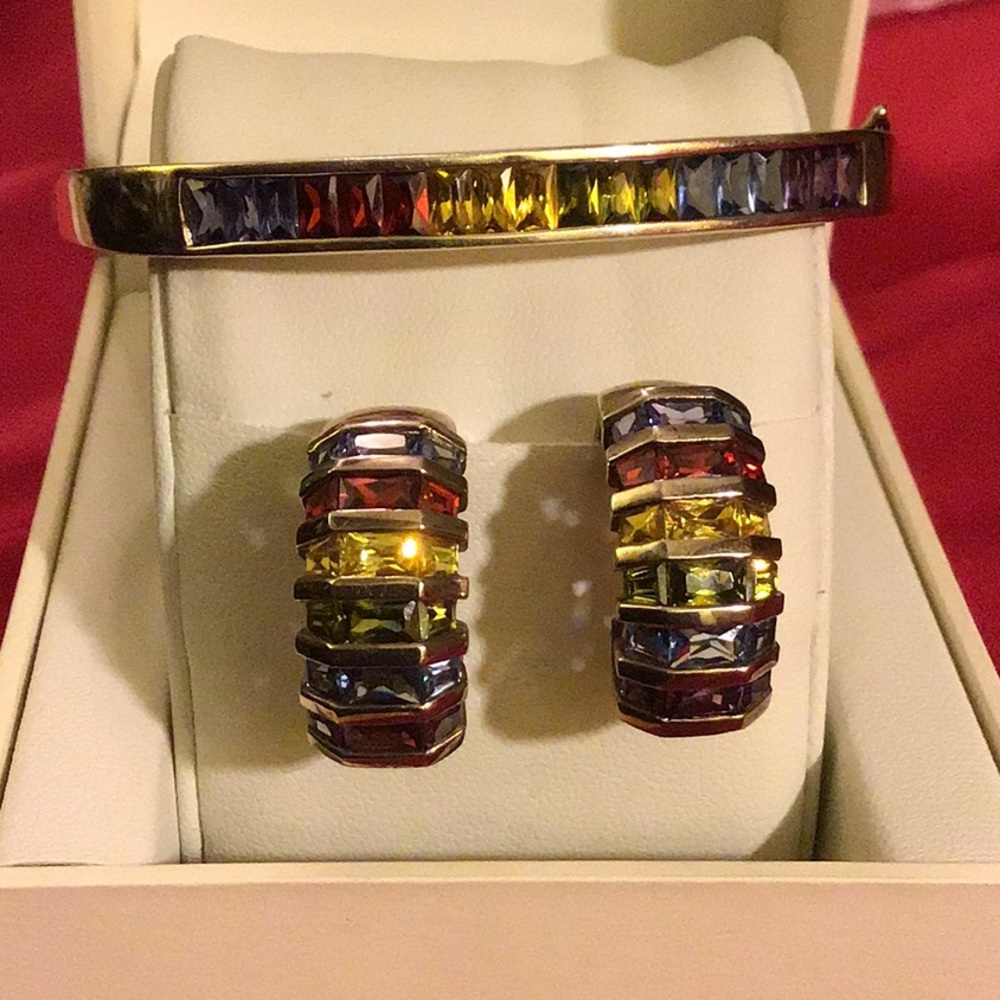 Rainbow Silver Bangle Earring Set